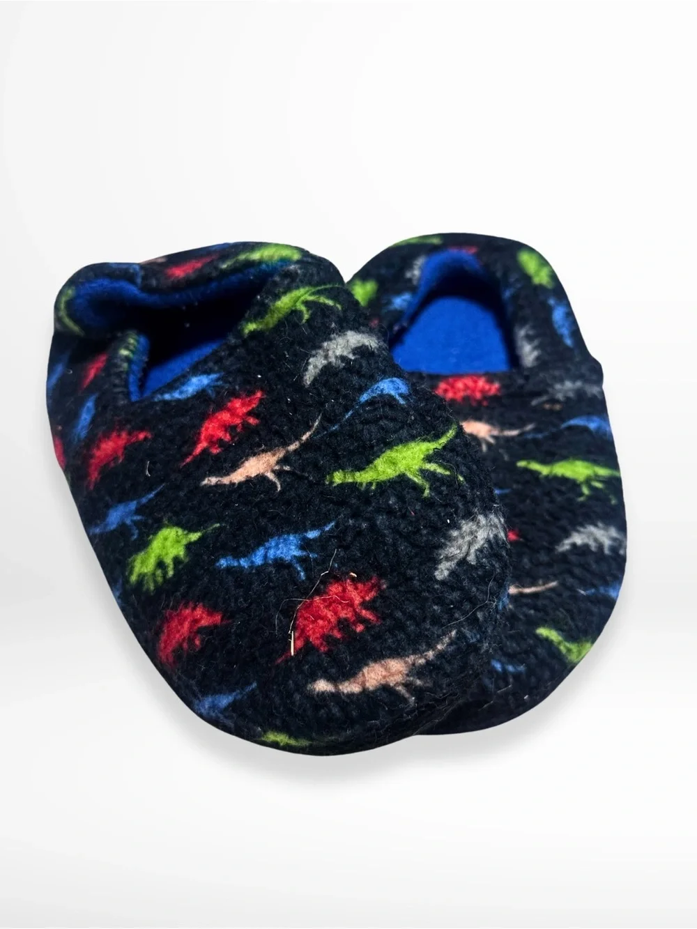 Kids Navy Dinosaur Fleece One-Piece Slippers